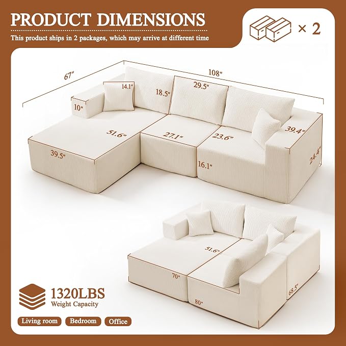 Modular Sectional Sofa for Living Room, 108" Cloud Couch Sectional with L-Shape Chaise, Modern Upholstered Corduroy Boneless Couch with Memory Foam Deep Seat, No Assembly Required (Beige)