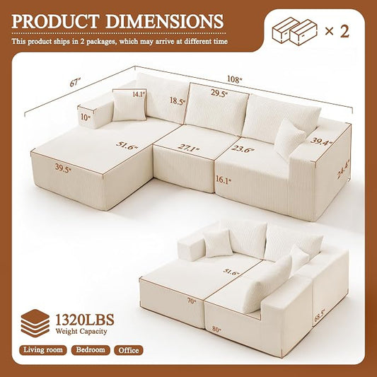 Modular Sectional Sofa for Living Room, 108" Cloud Couch Sectional with L-Shape Chaise, Modern Upholstered Corduroy Boneless Couch with Memory Foam Deep Seat, No Assembly Required (Beige)