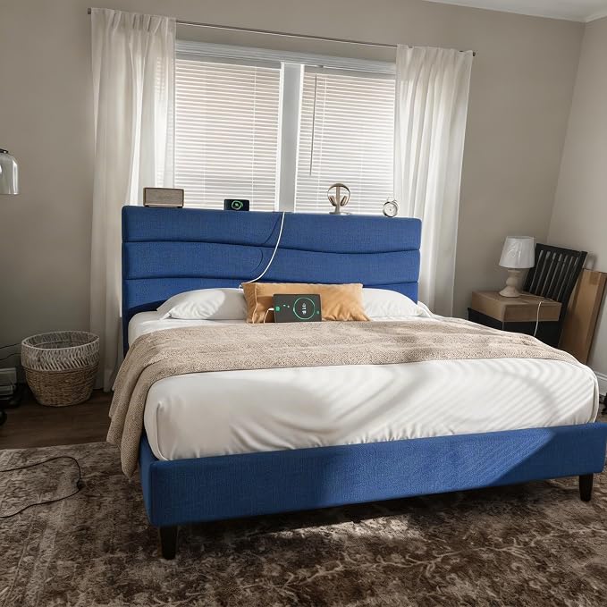 EnHomee Queen Bed Frame with Upholstered Headboard,Adjustable Height Platform Bed,Charging Station,No Box Spring Needed,Easy Assembly,Noise-Free,Navy Blue