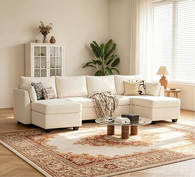 Huatean Home 114.17" Modular Sectional Sofa, 6 Seat Modular Couch with Storage, Memory Foam, Convertible Sectional Couches for Living Room, U Shaped Comfy Modular Sofa with Chaise, Beige