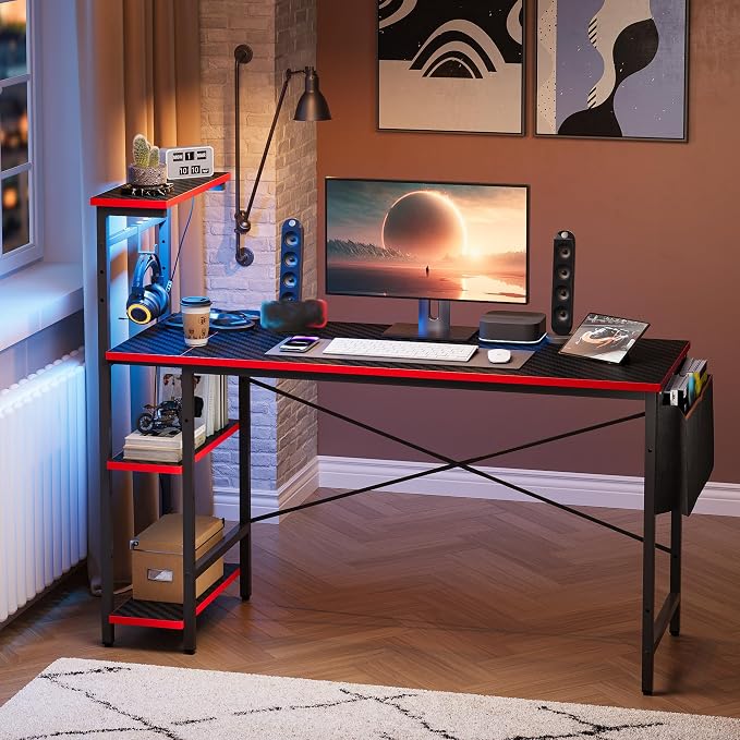Bestier Gaming Desk with LED Lights, 51.3 Inch Computer Desk with 4 Tiers Reversible Shelves, Gamer Desk with Side Storage Bag, Hooks and Height Adjustable Shelf (Black Carbon Fiber)