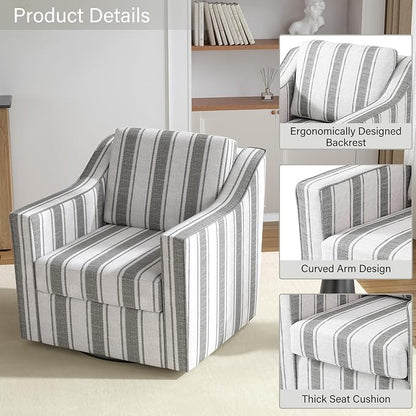Swivel Accent Chair, 360° Swivel Upholstered Club Armchairs for Living Room, Comfy Fabric Single Sofa Reading Chair with Deep Seat, Metal Swivel Base, Gray Stripe