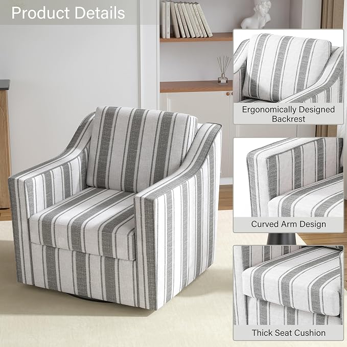 Swivel Accent Chairs Set of 2, 360° Swivel Upholstered Club Armchairs for Living Room, Comfy Fabric Single Sofa Reading Chair with Deep Seat, Metal Swivel Base, Gray Stripe
