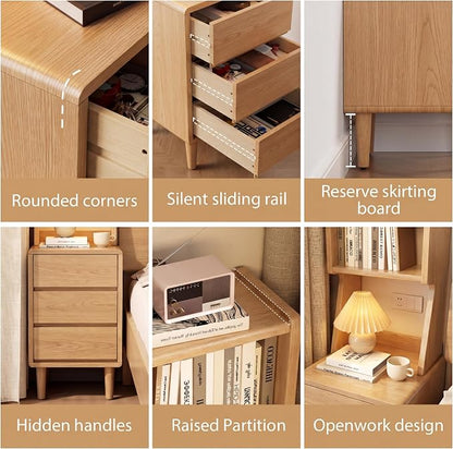 Solid Wood Bookshelf with Drawers,Narrow bookcase with Storage Shelves,Tall Nightstand with Drawers,Mid Century Modern Nightstand,Open Shelf Bookcase,Small Book Shelf for Bedroom,Living Room,Offices