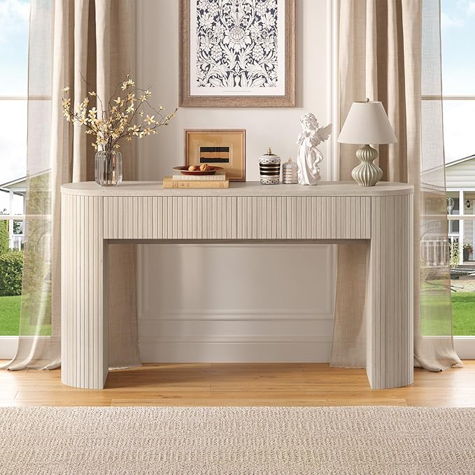 ONBRILL 55 Inch Console Table with 2 Drawers, Entryway Tables with Storage, Sofa Table Behind The Couch, Hallway Tables, Natural White