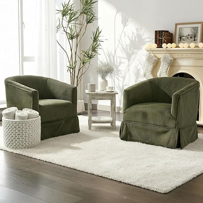 Swivel Accent Chair for Living Room, 360° Upholstered Barrel Swivel Chairs with Skirted Base, Modern Linen Armchairs for Bedroom, Reading Nook, Small Space, Corduroy Green