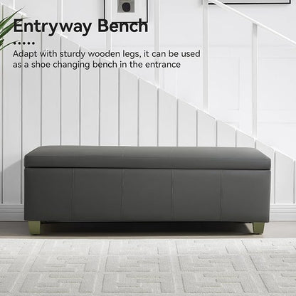 WUTUTUEE 51" Faux Leather Storage Ottoman, Stitch Tufted Rectangle Upholstered End of Bed Storage Bench, Entryway Large Couch Ottoman with Wooden Legs,Dark Grey