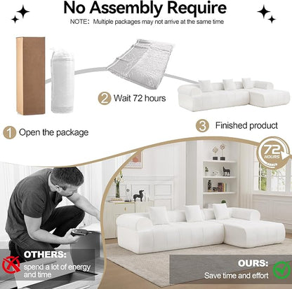 119'' Curved Boneless Sofa Couch, 3 Seat Cloud L Shaped Deep Seat Couches for Living Room, No Assembly Modular Sofa with Right Chaise Lounge, White