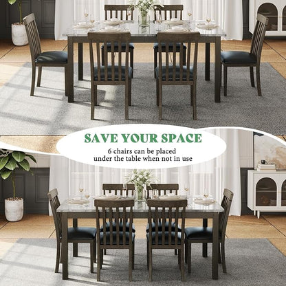 AMERLIFE 7-Piece Dining Table Set, 71" Faux Marble Modern Table with 6 PU Leather Upholstered Chairs, Heavy-Duty Solid Wood Set for Kitchen & Dining Room, Dark Brown