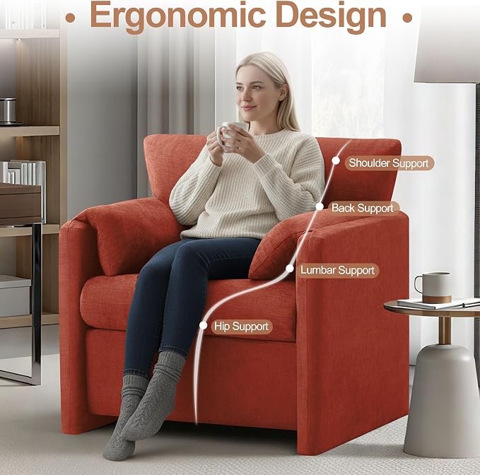 Oversized Accent Chair for Living Room, 32.68" Modern Armchair Set of 2 with Deep Seat, Mid-Century Comfy Reading Chair with Padded Arms, Large Chenille Single Sofa Chairs for Bedroom, Orange