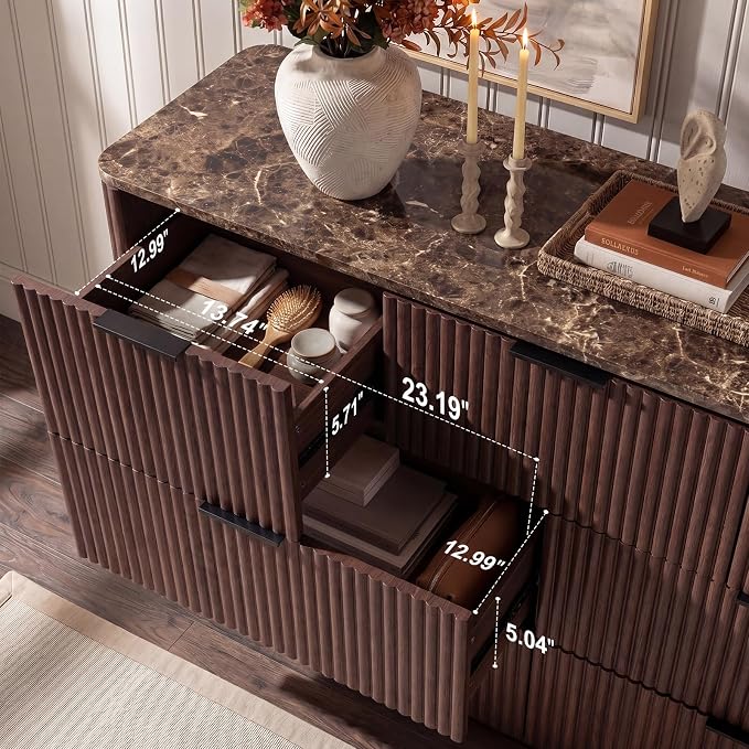 Dresser for Bedroom with 7 Drawers, 54"W Chest of Drawers, Fluted Dresser with Faux Marble Top, Curved Profile Design, Metal Handle, Wood Closet Storage Organizer for Living Room, Hallway, Dark Oak