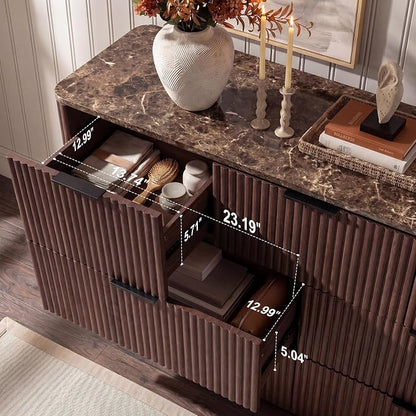 Dresser for Bedroom with 7 Drawers, 54"W Chest of Drawers, Fluted Dresser with Faux Marble Top, Curved Profile Design, Metal Handle, Wood Closet Storage Organizer for Living Room, Hallway, Dark Oak