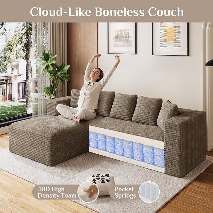 Oversized L Shaped Boneless Sectional Couches for Living Room, 107" Comfy Fluffy Cloud Modular Sectional Sofa, Plush Corduroy Memory Foam Floor Sofa with Left Facing Chaise Couch