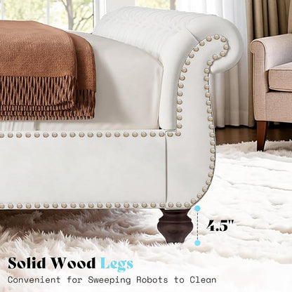 AMERLIFE 55" Tall Sleigh Bed Frame with Scroll Headboard & Footboard, Velvet Upholstered Platform Bed with Deep Button Tufted, Solid Wood Legs, No Box Spring Needed, White, Queen