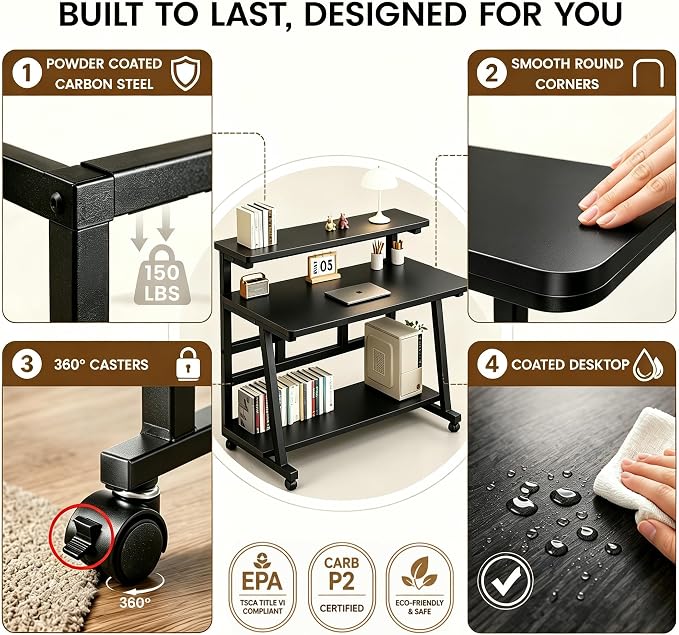 47.2 Inch Compact Rolling Computer Desk with Tier Worktable & Lockable Wheels, Small Computer Desk, Small Desk for Bedroom, Mobile Writing Workstation Easy Assembly for Home Office Small Spaces