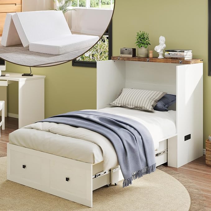 LUXOAK Twin Murphy Bed with 6" Tri-Fold Memory Foam Mattress, Storage Drawer & Charging Station, Space-Saving Design for Home Office or Guest Room, White