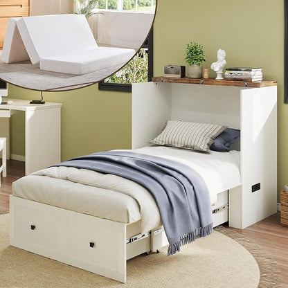 LUXOAK Twin Murphy Bed with 6" Tri-Fold Memory Foam Mattress, Storage Drawer & Charging Station, Space-Saving Design for Home Office or Guest Room, White
