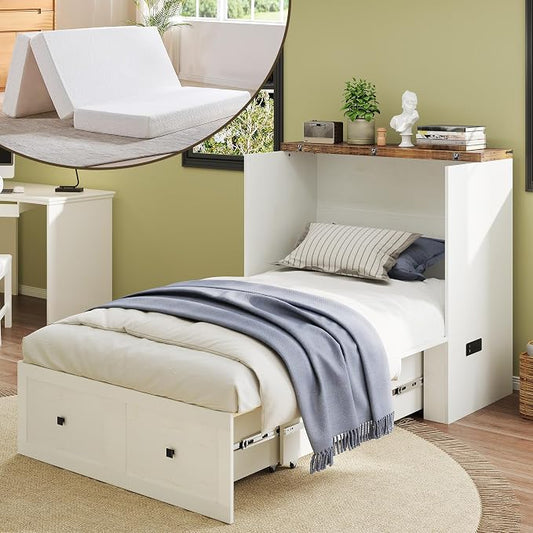 LUXOAK Twin Murphy Bed with 6" Tri-Fold Memory Foam Mattress, Storage Drawer & Charging Station, Space-Saving Design for Home Office or Guest Room, White