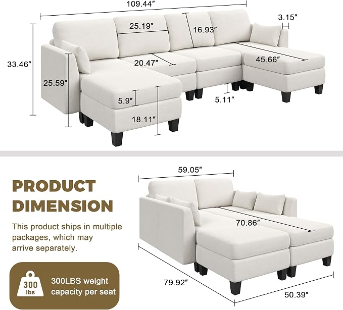 Modular Sectional Sofa, 6 Seaters Modular Sleeper Sofa Couch, Comfy Sectionals Couches Bed, Convertible Sofas with Ottomans, Sectional Couches for Living Room, Beige