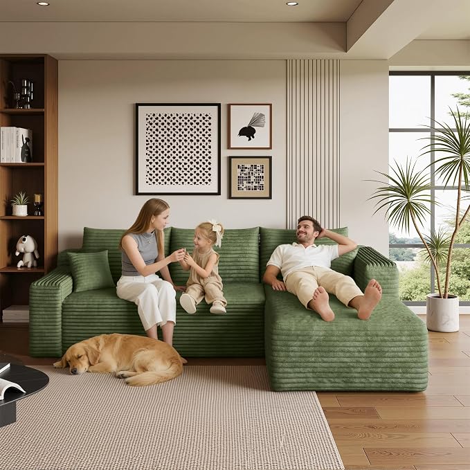 AUGOP 96" Sectional Couches for Living Room Modern Modular Sofa with L-Shape Couchs Upholstered Boneless Couch Deep Seat Sectional Couch with Chaise (Green, 96" Right Facing Chaise+2Seaters)