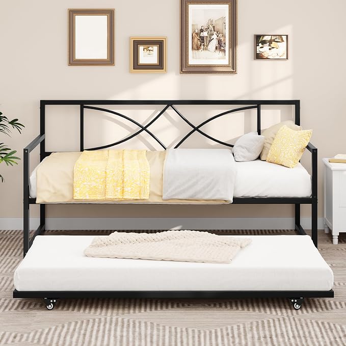 DWVO Twin Daybed with Trundle, Metal Sofa Bed with Adjustable Height,Trundle Bed with Heavy Duty Metal Slats, for Living Room, Bedroom, Guest Room, Space Saving, Black