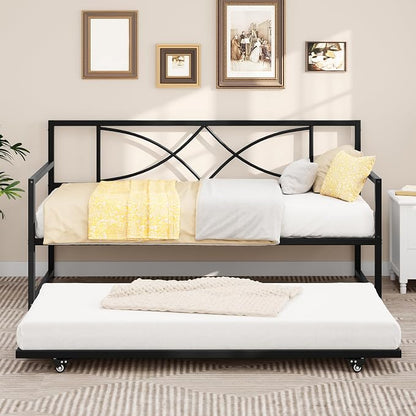 DWVO Twin Daybed with Trundle, Metal Sofa Bed with Adjustable Height,Trundle Bed with Heavy Duty Metal Slats, for Living Room, Bedroom, Guest Room, Space Saving, Black
