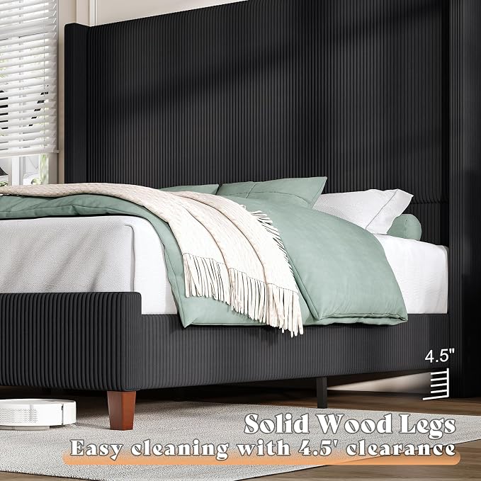AMERLIFE Queen Size 62" Corduroy Upholstered Bed Frame, Luxurious Platform Bed with Extra Tall Wingback Headboard and Vertical Stripe, No Box Spring Needed/Solid Wood Slats & Legs/Black