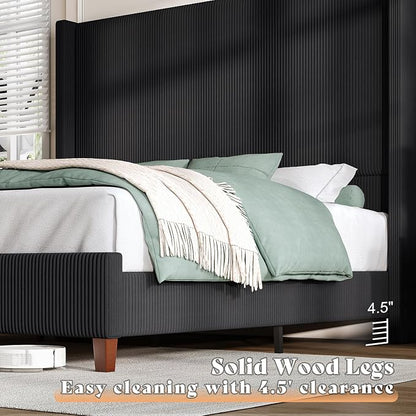 AMERLIFE Queen Size 62" Corduroy Upholstered Bed Frame, Luxurious Platform Bed with Extra Tall Wingback Headboard and Vertical Stripe, No Box Spring Needed/Solid Wood Slats & Legs/Black