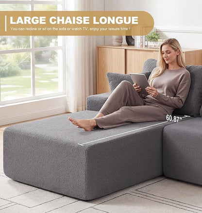 Hobestluk Modular Sectional Sofa Couches L-Shape Couch 3 Seat Modular Sofa Memory Foam Sectional Couches for Living Room, Cloud Couch with Oversized Chaise (Grey Smooth, 108", Left Hand Facing)