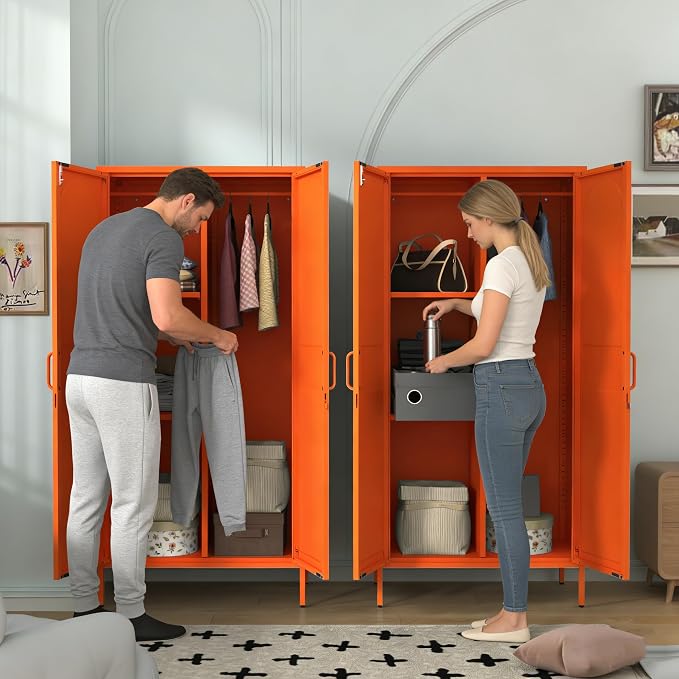 67" Industrial Lockable Metal 2-Door Wardrobe Storage Cabinet with Hanging Rod & Adjustable Shelves, Heavy Duty Multipurpose for Bedroom, Garage, Home Office, Orange 67" H X 31.5" W X 18.1" D