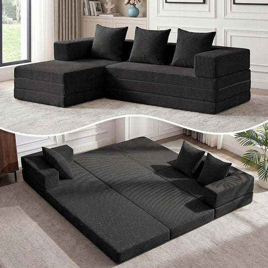 79" Modular Sectional Sofa, Boneless Convertible Sleeper Sofa Bed, Modern Tri-Folding Cloud Couch with L-Shape Chaise, Corduroy Futon for Living Room Small Spaces Apartment, No Assembly