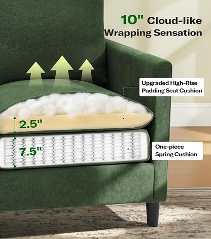 Welzona 3-Layers Cloud Accent Chair with Ottoman, 33" Comfy Reading Chair for Bedroom, Living Room, Tool-Free Assembly with Teddy Fabric Arm Chairs and Ottoman Set, Green, Removable Washable Cover