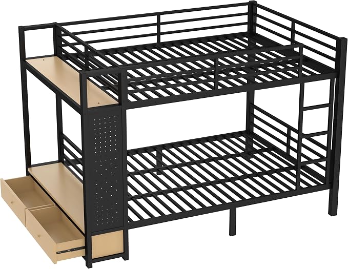 Bellemave Bunk Bed Queen Over Queen,Metal Bunk Beds with Shelf and Guardrails and Storage Drawers and Clothes Hooks for Kids, Teens & Adults（Black）