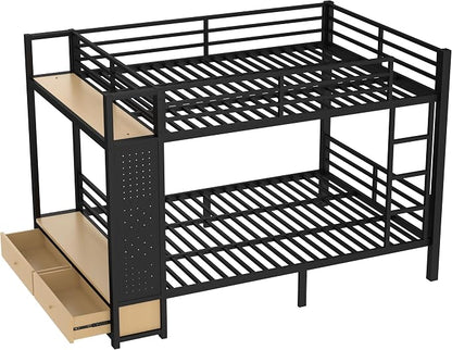 Bellemave Bunk Bed Queen Over Queen,Metal Bunk Beds with Shelf and Guardrails and Storage Drawers and Clothes Hooks for Kids, Teens & Adults（Black）