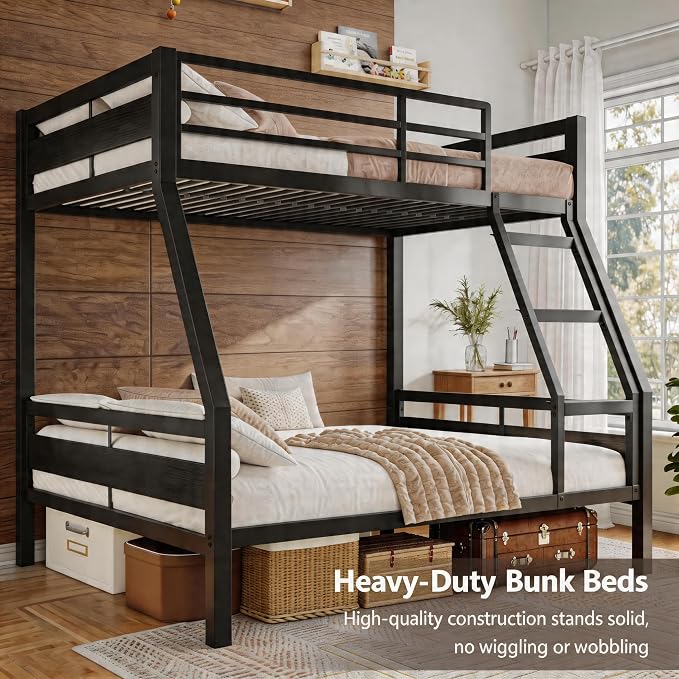 Einhomn Bunk Bed Twin Over Full, Heavy Duty Metal Bed with Ladder and Full-Length Guardrail, Large Under-Bed Storage Space, No Box Spring Needed, Noise Free, Black