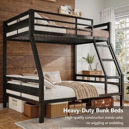 Einhomn Bunk Bed Twin Over Full, Heavy Duty Metal Bed with Ladder and Full-Length Guardrail, Large Under-Bed Storage Space, No Box Spring Needed, Noise Free, Black