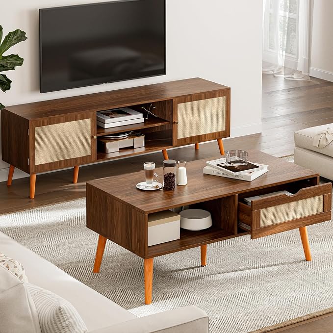 ZttRiee Rattan Coffee Table with Drawer, Mid-Century, Walnut | 39.4"L x 19.7"W x 16.9"H, 220 lbs capacity, 1 rattan drawer & open compartments, solid wood legs, ~30 min assembly
