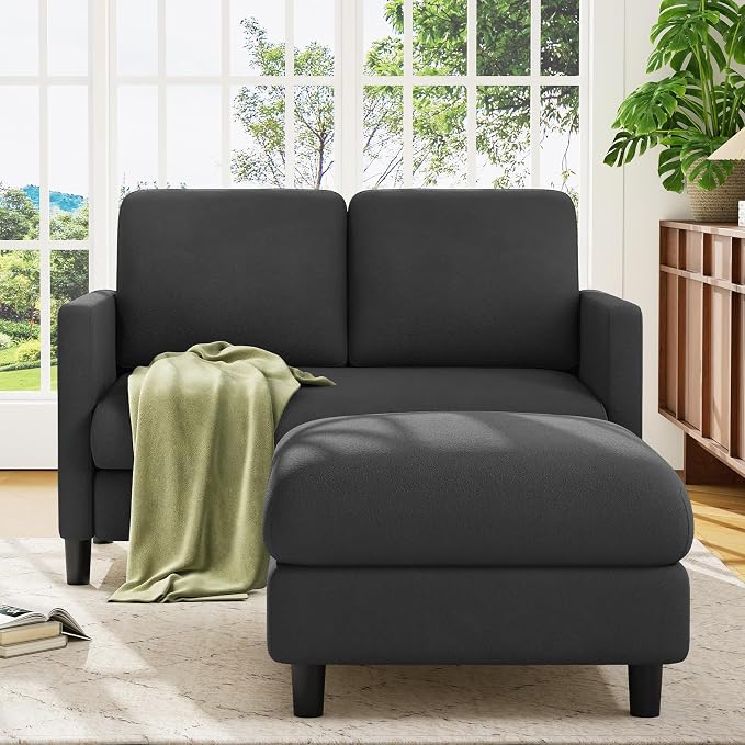 Welzona Loveseat, 51" Small L Shaped Couch, Comfy Teddy Love Seat with Ottoman Set, Tool-Free Setup Loveseat Sofa with Ottoman, All-Wood Small Sofa Couch for Bedroom, Couch for Living Room, Grey