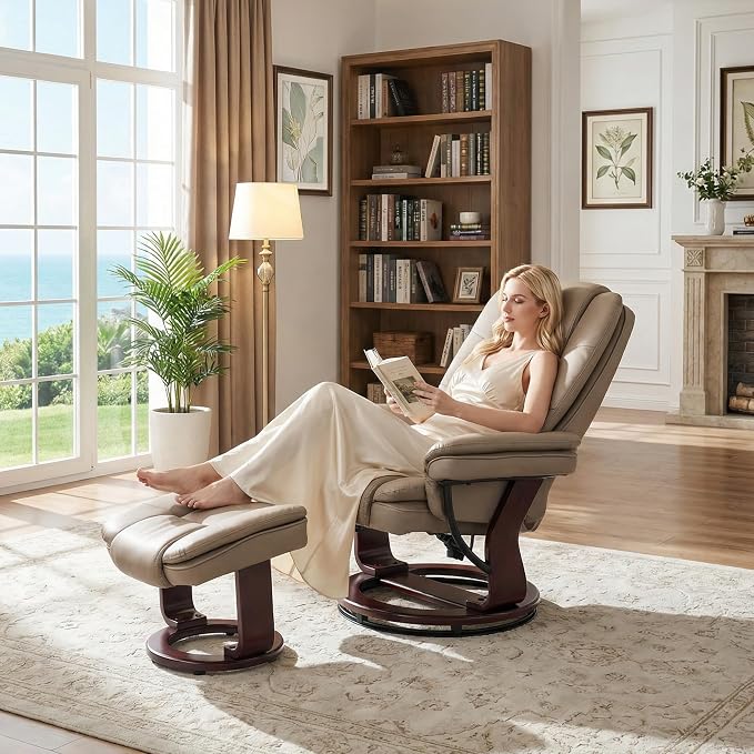 Swivel Recliner Chair with Ottoman Reclining Lounge Sofa Footrest, Set of 2 | 360°Sturdy Wood Base, Soft PU Leather, Upholstered Ultra-Plush Foam, Modern Armchair, Living Room Bedroom Office Reading Home