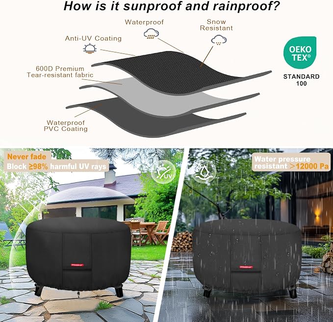 Porch Shield Fire Pit Cover - Waterproof 600D Heavy Duty Fade Resistant Round Patio Fire Bowl Cover Black - 42 inch