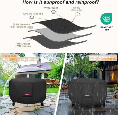 Porch Shield Fire Pit Cover - Waterproof 600D Heavy Duty Fade Resistant Round Patio Fire Bowl Cover Black - 42 inch