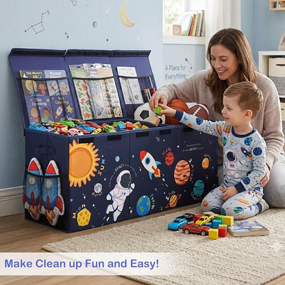 Unicorn Castle Toy Box with Adjustable Divider Toy Chest Storage Large Toy Storage Organizer Bin Collapsible with Lid Pockets for Nursery Playroom,Blue Astronaut