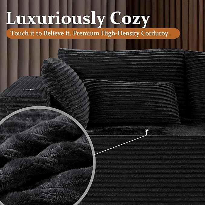 138" Cloud Sectional Couch, Comfort U Shaped Sofa for Living Room, Extra Deep Seats No Assembly, Minimalist Modular Couch, Corduroy (Black, 6 Seats,U-Shape C)