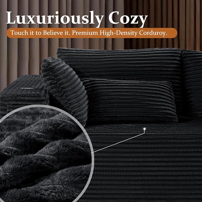 168" Cloud Sectional Couch, Comfort U Shaped Sofa for Living Room, Extra Deep Seats No Assembly, Minimalist Modular Couch, Corduroy (Black, 9 Seats,U-Shape A)