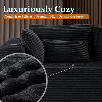 138" Oversized Cloud Sectional Couch, Comfort L Shaped Boneless Couch for Living Room, Extra Deep Seats No Assembly, Minimalist Modular Sofa, Corduroy (Black, 3 Seater+Left Facing Chaise)