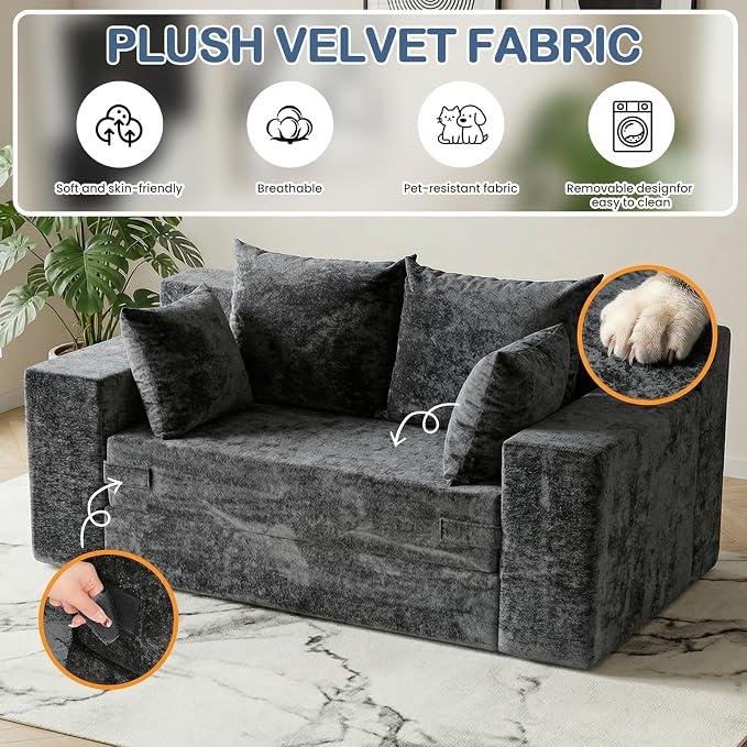 Boneless Loveseat Sleeper Sofa Bed, 3-in-1 Convertible Sofa Bed and Floor Futon Couch (Velvet-Grey, Loveseat (55"))