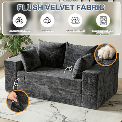 Boneless Loveseat Sleeper Sofa Bed, 3-in-1 Convertible Sofa Bed and Floor Futon Couch (Velvet-Grey, Loveseat (55"))