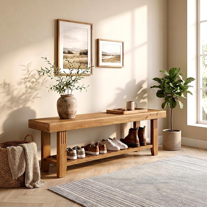 LITTLE TREE 63" Solid Wood Entryway Bench, Rustic Wooden Shoe Bench with Slatted Storage Shelf, Heavy Duty Indoor Bench for Hallway, Bedroom, Living Room, Dining Room