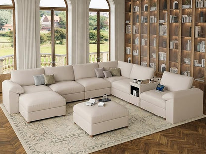 EASE MOOSE Faux Leather Sectional Couch with Console, Oversized Modular Sofa, Modern Comfy Modular Couch, Scratch Resistant Material Sofas, U Shaped Couch for Big Spaces, Beige