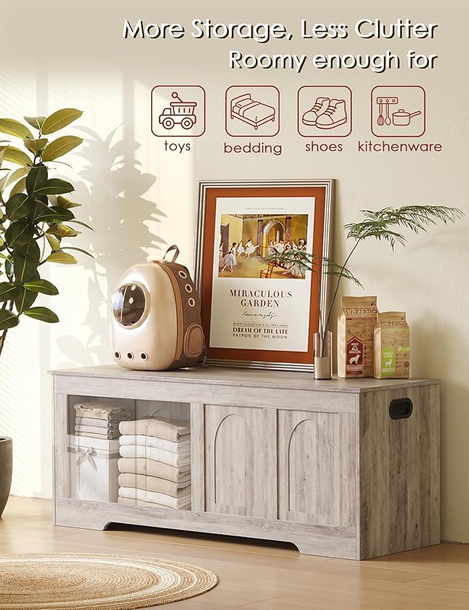DINZI LVJ Storage Chest, 50”Extra Large Storage Bench with 2 Safety Hinges, Wooden Toy Box with Flip-Top, Large Trunk for Living Room, Playroom, Easy Assembly, Greige